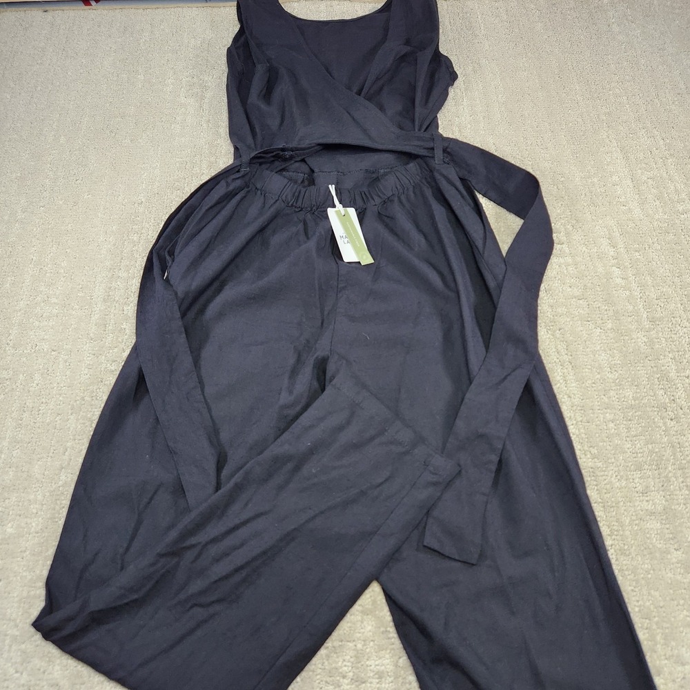 Marine Layer Jumpsuit Women XS Eloise Belted Slim Crop Black Boho Minimal NEW